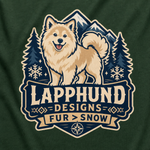 Finnish Lapphund Fur Over Snow Badge T-Shirt design close-up on a Finnish Lapphund t-shirt