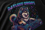 Finnish Lapphund DJ Fluff Drop Neon Party T-Shirt design close-up on a Finnish Lapphund t-shirt