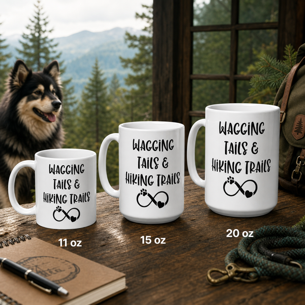 Finnish Lapphund Mug Wagging Tails Hiking Trails Pet Owner Gift Finnish Lapphund mug size lineup, 11oz 15oz and 20oz