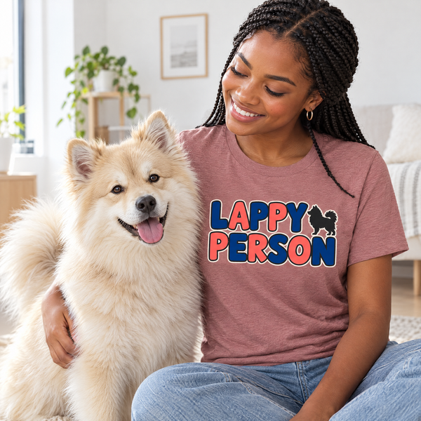 Finnish Lapphund Lappy Person T-Shirt Finnish Lapphund t-shirt worn, lifestyle photo