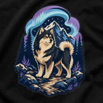 Finnish Lapphund Aurora Trail T-Shirt design close-up on a Finnish Lapphund t-shirt