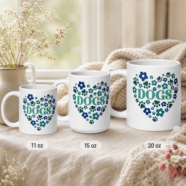 Finnish Lapphund Mug Dogs Heart Blue Floral Nordic Gift Finnish Lapphund mug size lineup, 11oz 15oz and 20oz