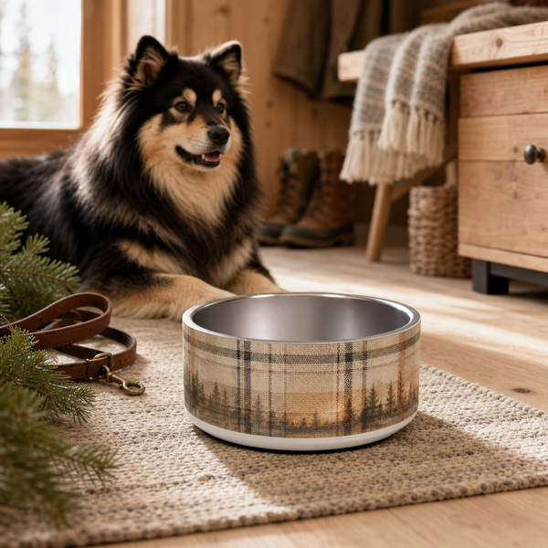 Oatmeal Cabin Plaid Finnish Lapphund 32oz dog bowl in a cozy home setting