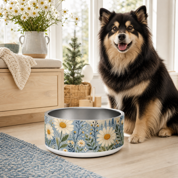 Scandi Daisy Trail Finnish Lapphund 32oz dog bowl in a cozy home setting