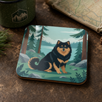 Glossy print detail on the Finnish Lapphund Forest Lake Illustration Cork-Back Coaster Finnish Lapphund coaster