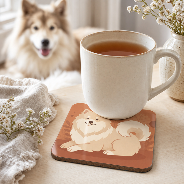 Finnish Lapphund Cream Cozy Illustration Cork-Back Coaster Finnish Lapphund cork-back coaster in use on a table