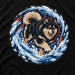 Finnish Lapphund Snow Dash T-Shirt design close-up on a Finnish Lapphund t-shirt