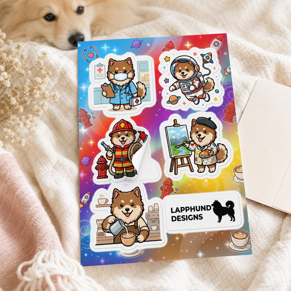 Individual peel detail of the Finnish Lapphund Career Adventures Sticker Sheet – Doctor, Firefighter & Artist Finnish Lapphund sticker sheet