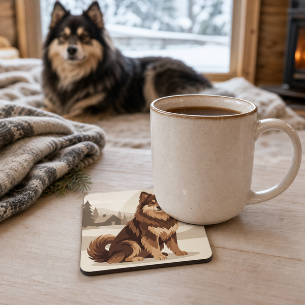 Finnish Lapphund Winter Cabin Illustration Cork-Back Coaster Finnish Lapphund cork-back coaster in use on a table