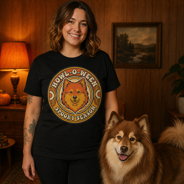 Finnish Lapphund Howl-O-Ween Spooky Season T-Shirt Finnish Lapphund t-shirt worn, lifestyle photo