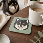 Finnish Lapphund Head Portrait Icon Cork-Back Coaster Finnish Lapphund cork-back coaster in use on a table