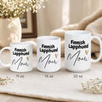 Finnish Lapphund Mug – Heartfelt 'Finnish Lapphund Mom' with Gold Accent Finnish Lapphund mug size lineup, 11oz 15oz and 20oz