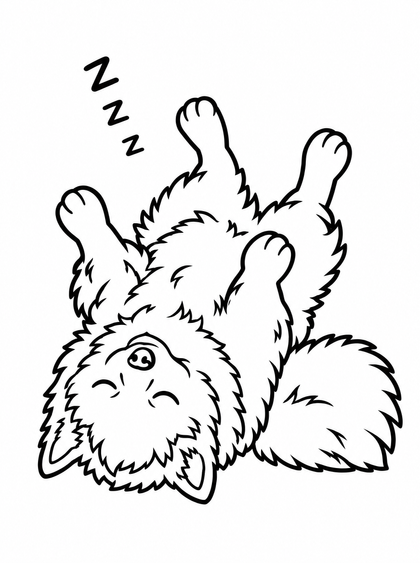 Colouring page: Fast asleep with all four legs in the air