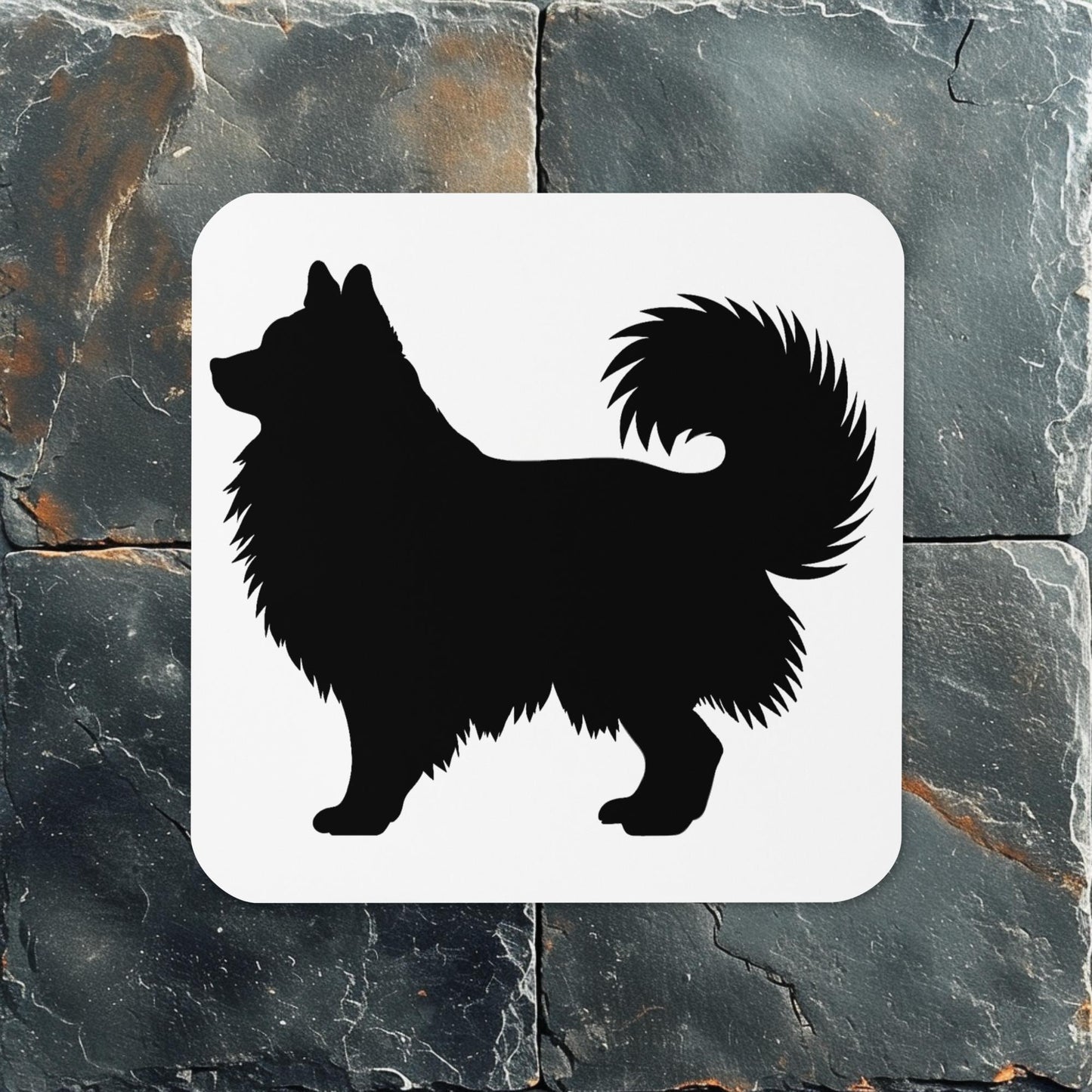 Finnish Lapphund silhouette coaster with a non-slip cork base, perfect for nature, adventure, and mountain-loving dog owners.