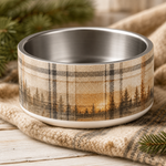 Oatmeal Cabin Plaid design detail on a Finnish Lapphund 32oz dog bowl