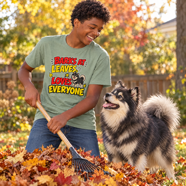 Finnish Lapphund Barks at Leaves, Loves Everyone T-Shirt Finnish Lapphund t-shirt worn, lifestyle photo