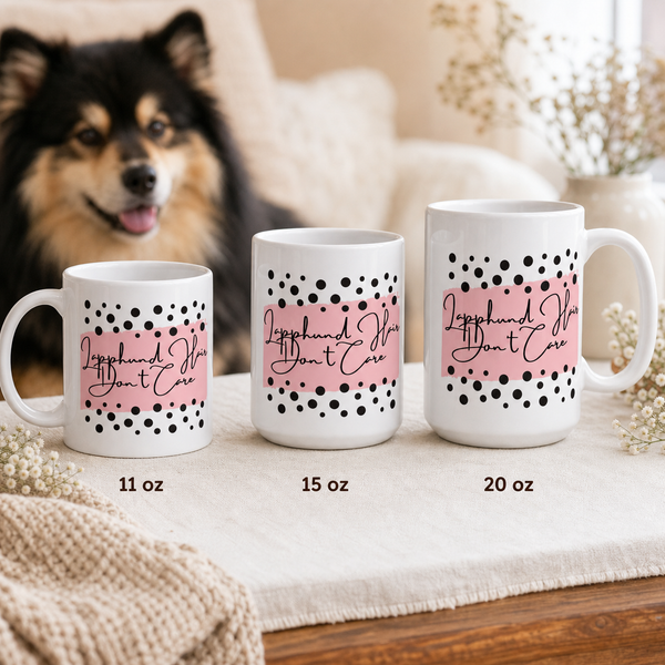 Finnish Lapphund Mug – 'Lapphund Hair Don't Care' with Pink & Polka Dots Finnish Lapphund mug size lineup, 11oz 15oz and 20oz