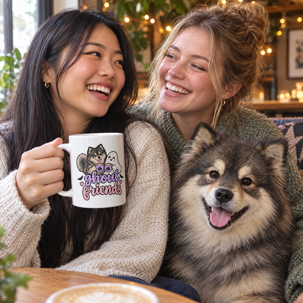 Finnish Lapphund Ghoulfriends Halloween Mug Finnish Lapphund mug in use, lifestyle photo