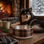 Winterberry Tartan Finnish Lapphund 32oz dog bowl in a cozy home setting