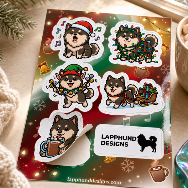Finnish Lapphund Christmas Cheer Sticker Sheet – Cozy Holiday & Festive Designs Finnish Lapphund t-shirt worn, lifestyle photo