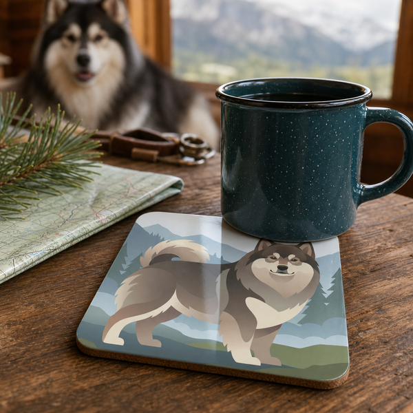 Finnish Lapphund Alpine Mountain Illustration Cork-Back Coaster Finnish Lapphund cork-back coaster in use on a table