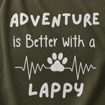 Adventure is Better with a Lappy T-Shirt – Perfect for Lapphund Owners & Outdoor Enthusiasts design close-up on a Finnish Lapphund t-shirt