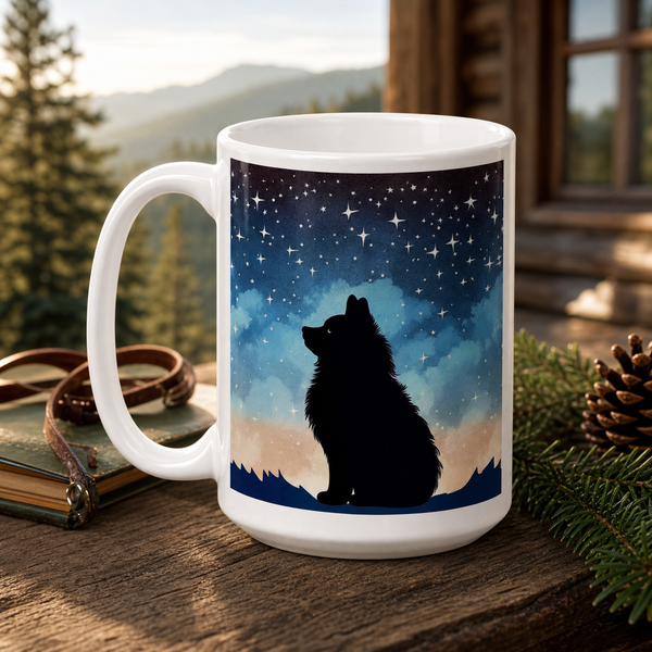 Finnish Lapphund Mug – Stargazing Silhouette Under Night Sky Art Finnish Lapphund ceramic mug