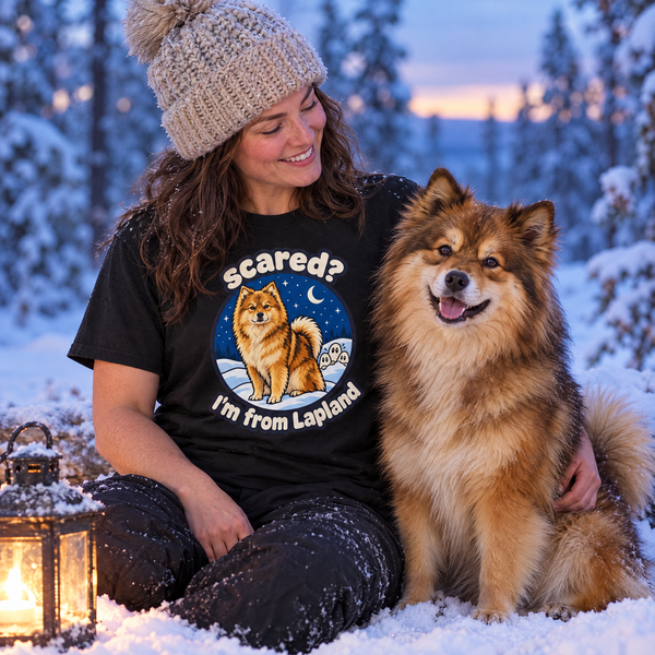 Finnish Lapphund Scared? I'm From Lapland Halloween T-Shirt Finnish Lapphund t-shirt worn, lifestyle photo