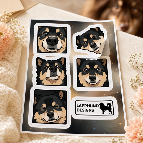 Finnish Lapphund Close-Up Faces Sticker Sheet – Expressive Details, Head Tilts & Sweet Eye Contact Finnish Lapphund t-shirt worn, lifestyle photo