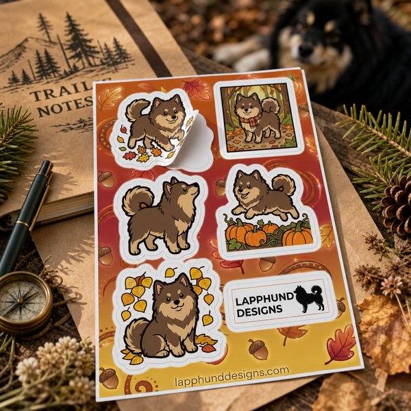 Individual peel detail of the Finnish Lapphund Autumn Harvest Sticker Sheet – Fall Leaves, Pumpkins & Cozy Trails Finnish Lapphund sticker sheet