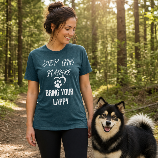 Step Into Nature with Your Lappy T-Shirt – Perfect for Lapphund Adventures Finnish Lapphund t-shirt worn, lifestyle photo