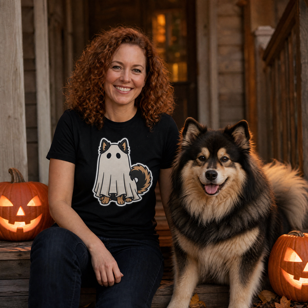 Finnish Lapphund Ghost Pup Halloween T-Shirt Finnish Lapphund t-shirt worn, lifestyle photo