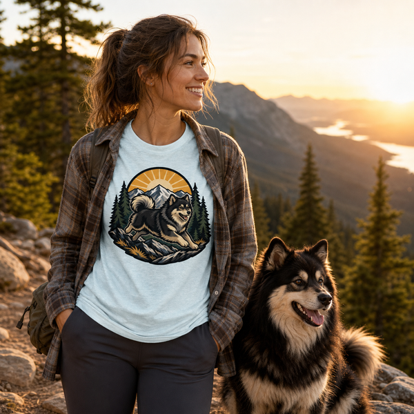 Finnish Lapphund Sunrise Summit Leap T-Shirt Finnish Lapphund t-shirt worn, lifestyle photo