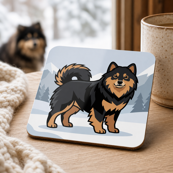 Finnish Lapphund Snowy Mountain Illustration Cork-Back Coaster Finnish Lapphund cork-back coaster