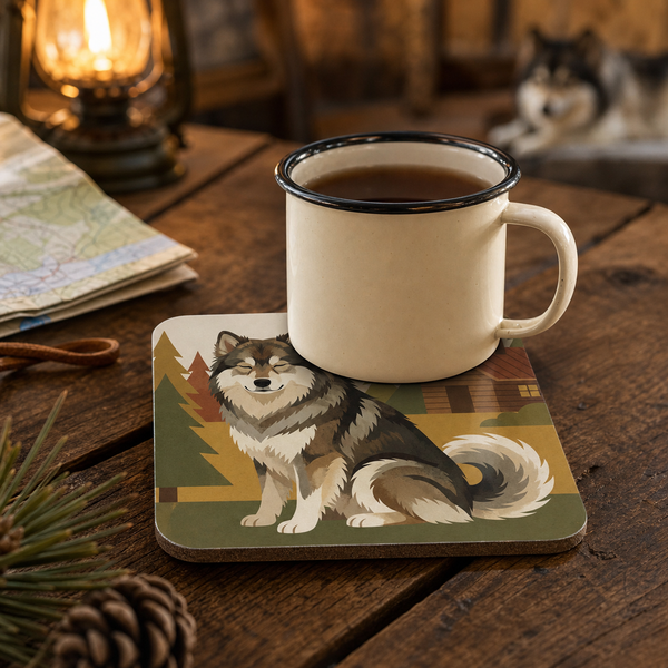 Finnish Lapphund Wolf Sable Cabin Scene Cork-Back Coaster Finnish Lapphund cork-back coaster in use on a table