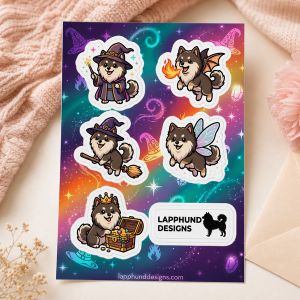 Finnish Lapphund Fantasy Magic Sticker Sheet – Wizard, Fairy & Dragon Designs Finnish Lapphund sticker sheet