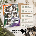 Specs and details for the Finnish Lapphund Grateful Moments Sticker Sheet – Thankful Smiles, Cozy Joys & Gentle Contentment Finnish Lapphund sticker sheet