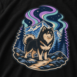 Finnish Lapphund Aurora Nights T-Shirt design close-up on a Finnish Lapphund t-shirt