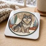 Glossy print detail on the Finnish Lapphund Winter Emblem Illustration Cork-Back Coaster Finnish Lapphund coaster