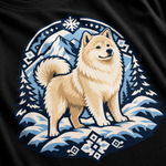 Finnish Lapphund Winter Summit T-Shirt design close-up on a Finnish Lapphund t-shirt