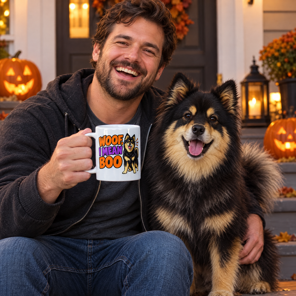 Finnish Lapphund Woof, I Mean Boo Halloween Mug Finnish Lapphund mug in use, lifestyle photo