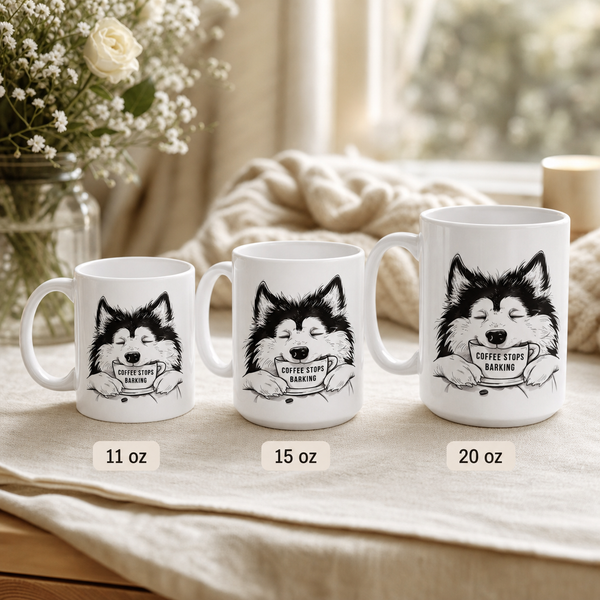Finnish Lapphund Mug Coffee Stops Barking Nordic Dog Gift Finnish Lapphund mug size lineup, 11oz 15oz and 20oz