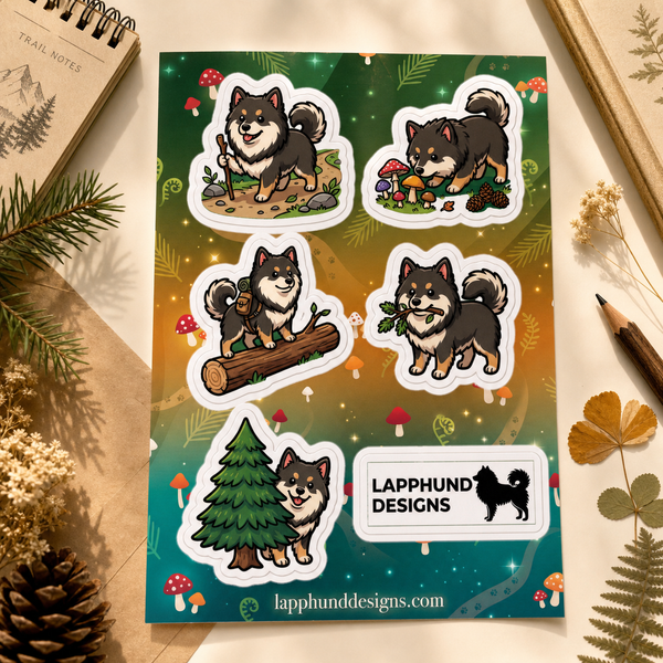 Finnish Lapphund Forest Life Sticker Sheet – Mushrooms, Logs & Woodland Play Finnish Lapphund sticker sheet
