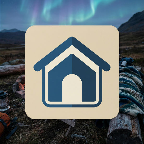 Dog house icon illustrated cork-back coaster with minimalist blue design