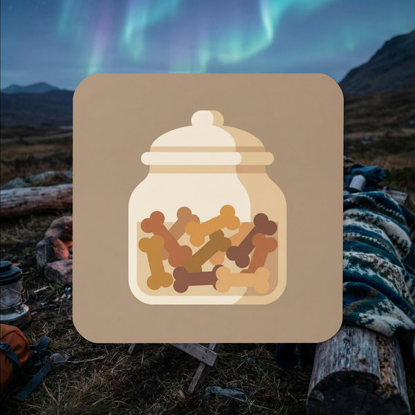 Dog treat jar illustrated cork-back coaster with colorful bone treats and neutral background