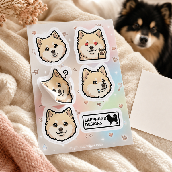Individual peel detail of the Finnish Lapphund Puppy Love Sticker Sheet – Sweet Faces, Hearts & Adorable Emotions Finnish Lapphund sticker sheet