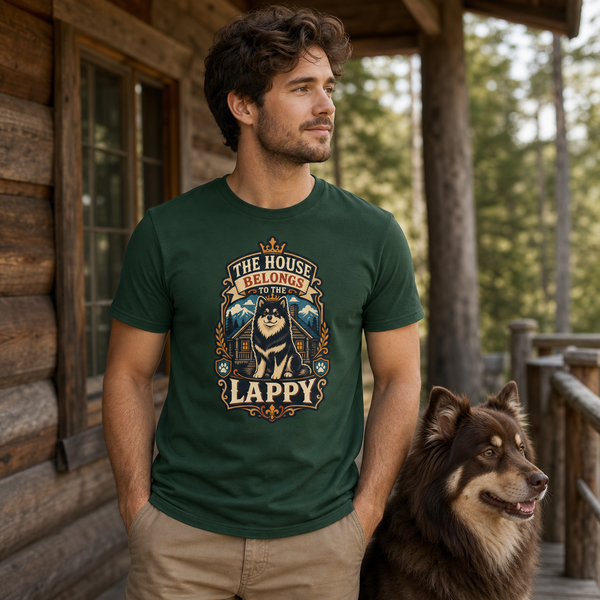 Finnish Lapphund House Belongs To The Lappy T-Shirt Finnish Lapphund t-shirt worn, lifestyle photo
