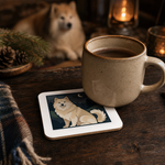 Finnish Lapphund Cream Night Forest Cork-Back Coaster Finnish Lapphund cork-back coaster in use on a table