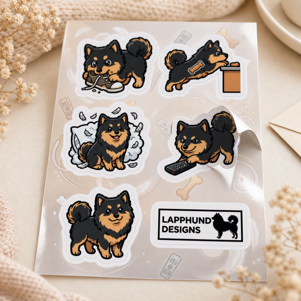 Finnish Lapphund Mischief Moments Sticker Sheet – Playful Trouble, Zoomies & Puppy Antics Finnish Lapphund t-shirt worn, lifestyle photo