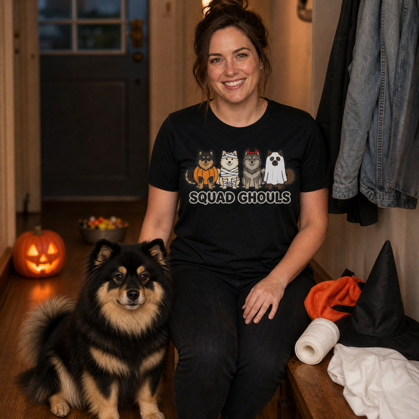 Finnish Lapphund Squad Ghouls Halloween T-Shirt Finnish Lapphund t-shirt worn, lifestyle photo